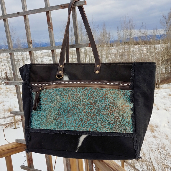 😍New Style Myra Bag Cowhide Canvas Leather Weekender Travel XL extra lar - Picture 2 of 11